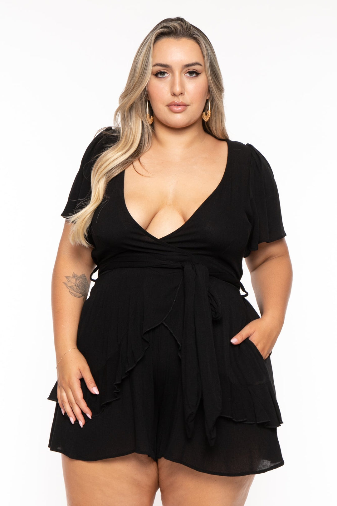 Curvy Sense Jumpsuits and Rompers Plus Size Darcie Ruffle Romper -Black