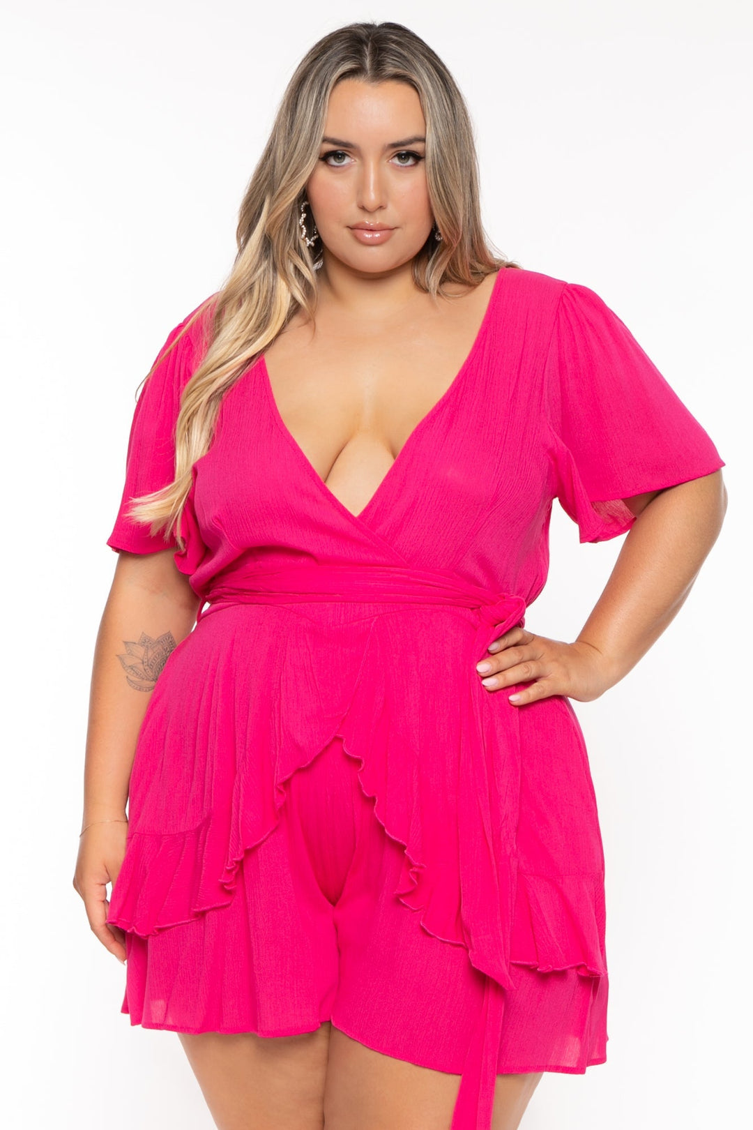 Curvy Sense Jumpsuits and Rompers Plus Size Darcie Ruffle Romper -Fuchsia