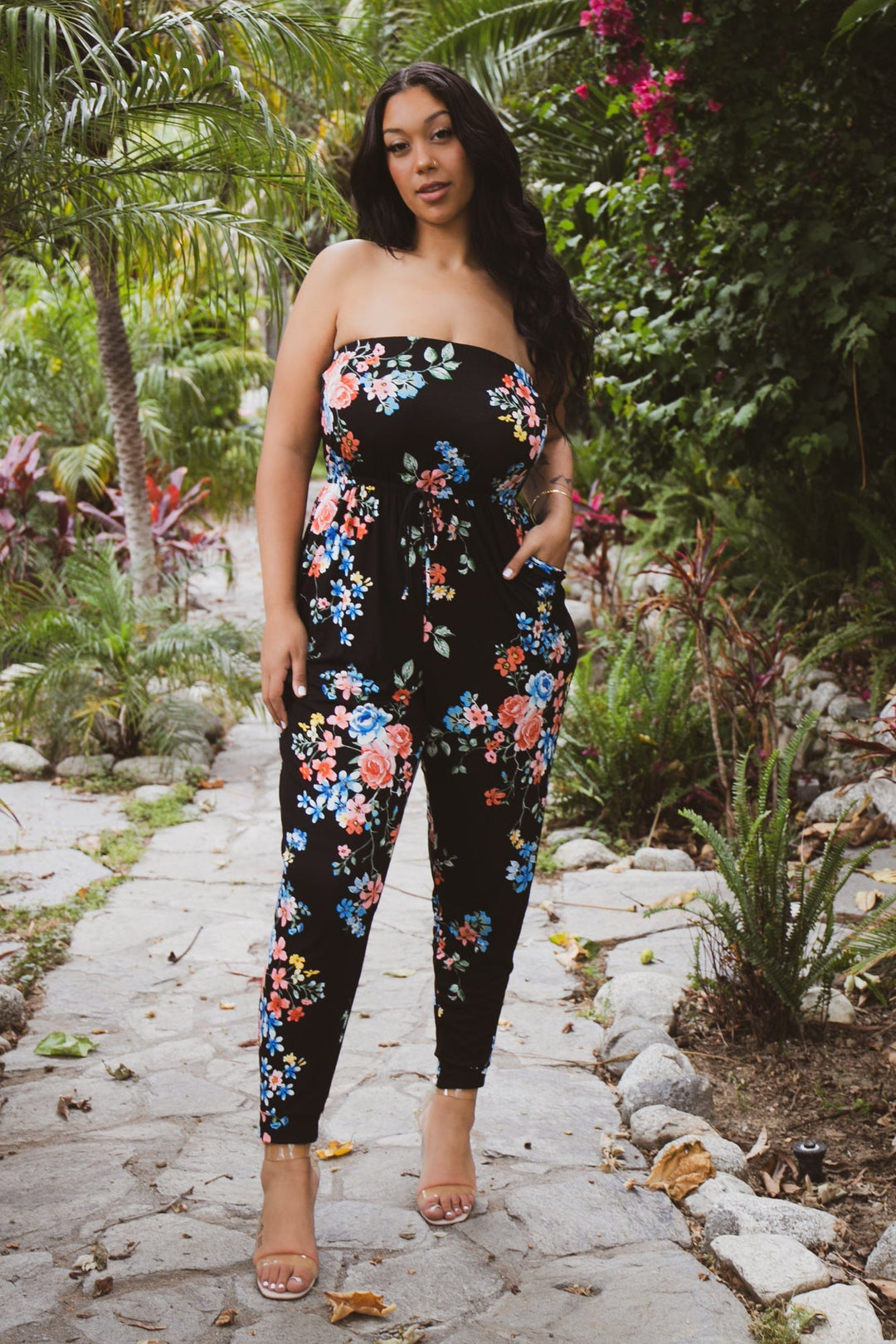 Curvy Sense Jumpsuits and Rompers 1X / Black Plus Size Dilma Strapless Floral  Jumpsuit - Black