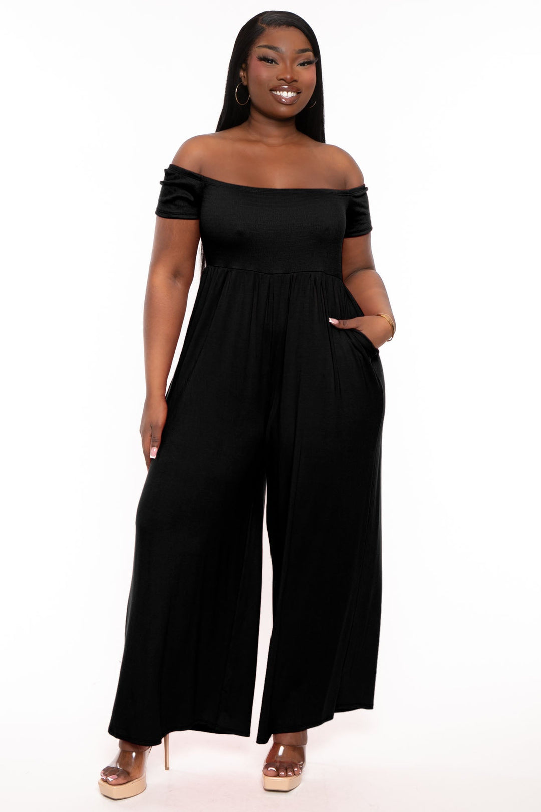 Curvy Sense Jumpsuits and Rompers Plus Size Eileen Off The Shoulder  Jumpsuit - Black