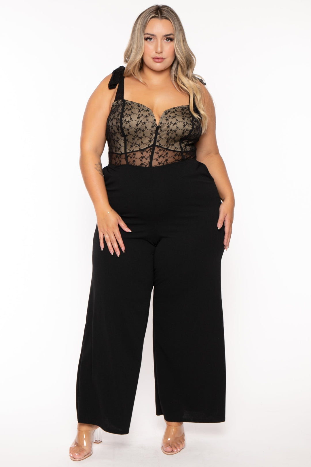 Curvy Sense Jumpsuits and Rompers Plus Size Esme  Lace Top Jumpsuit- Black