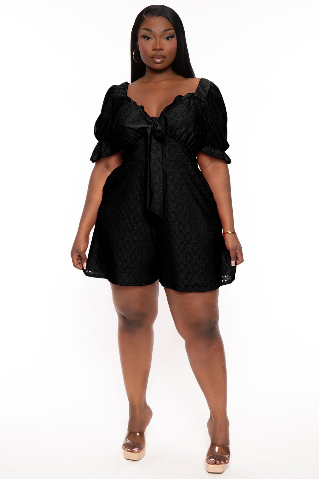 Curvy Sense Jumpsuits and Rompers Plus Size Jenni Eyelet Romper  - Black