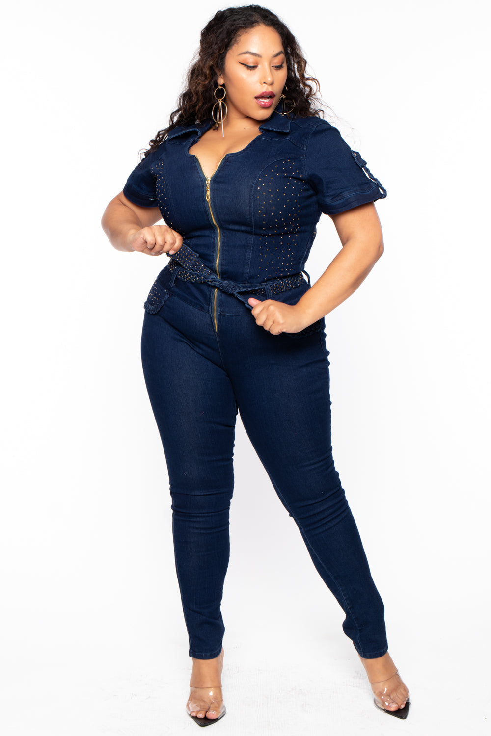 Plus Size Jessi Gold Studded Denim Jumpsuit - Dark Wash - Curvy Sense