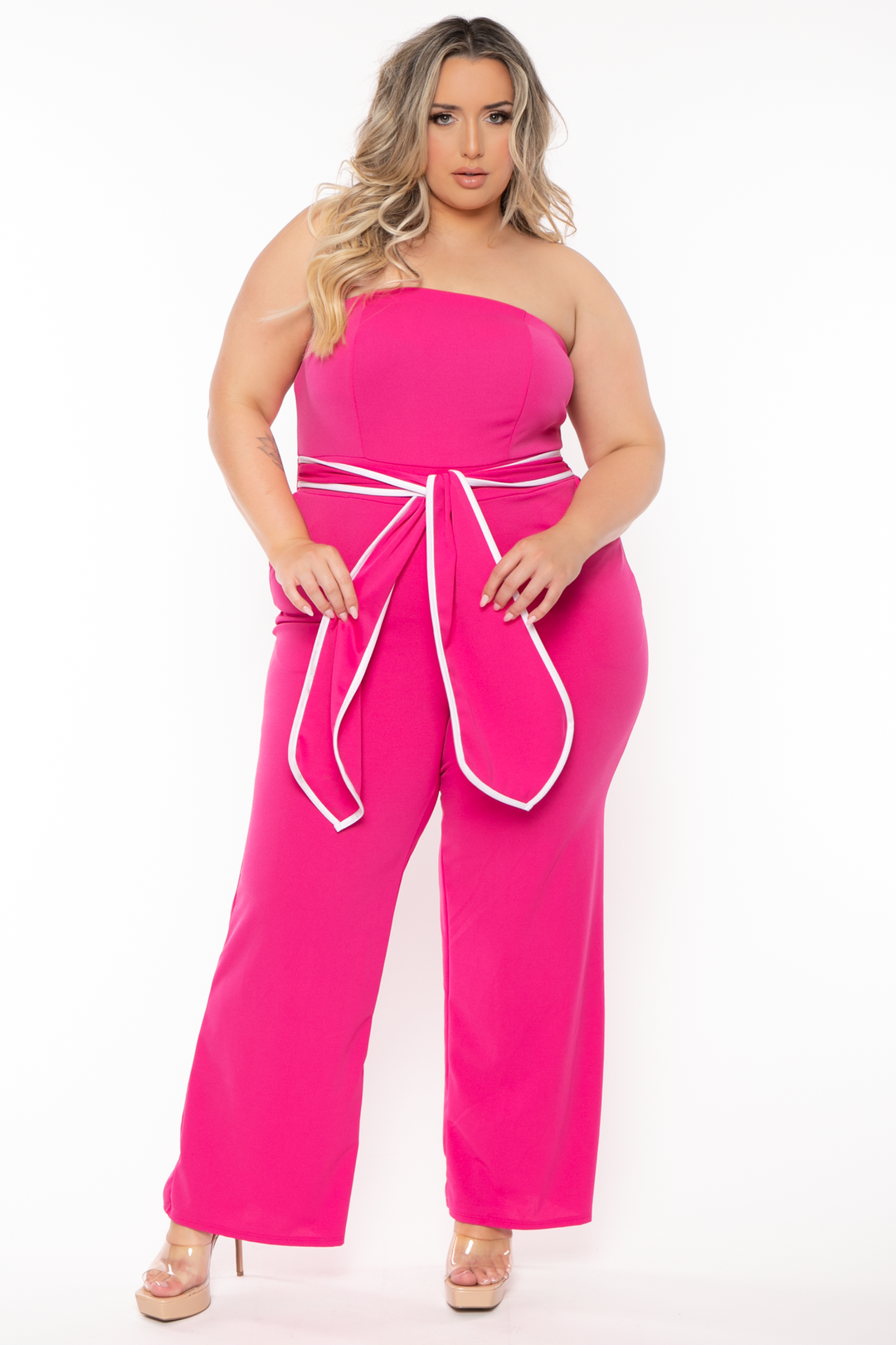 Curvy Sense Jumpsuits and Rompers 1X / Fuchsia Plus Size Larisa Front Tie Jumpsuit- Fuchsia