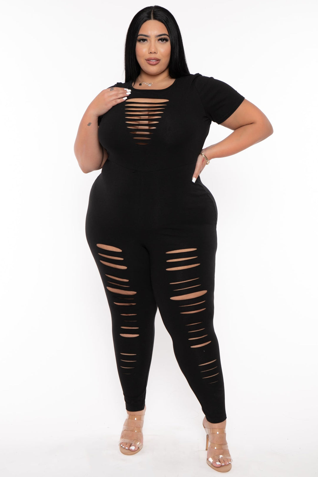 Curvy Sense Jumpsuits and Rompers 1X / Black Plus Size Lola  Distress Jumpsuit - Black