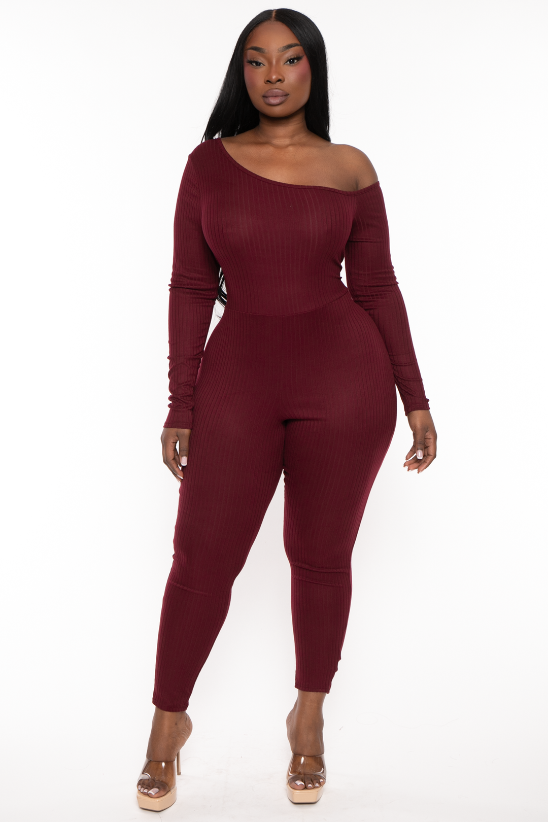 Curvy Sense Jumpsuits and Rompers 1X / Burgundy Plus Size Raiden Ribbed Jumpsuit - Burgundy