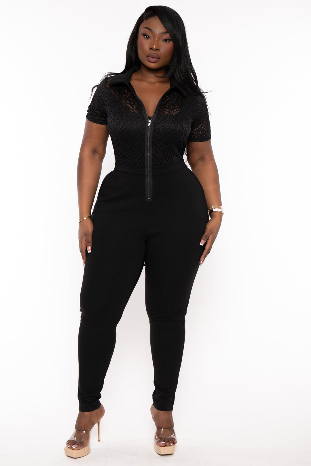 Curvy Sense Jumpsuits and Rompers Plus Size Winona  Lace Top Zipper Jumpsuit -Black