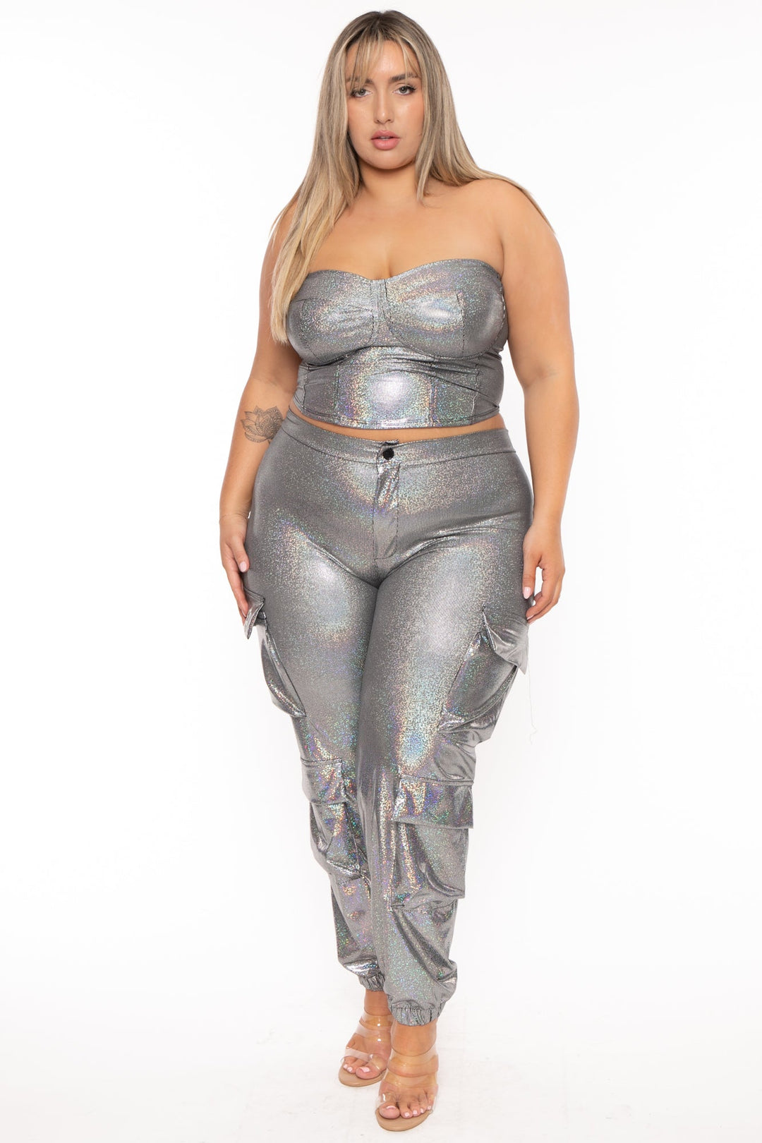 D ROCK Matching Sets 1X / Silver Plus Size  Delicia Metallic  Matching Set  -Silver