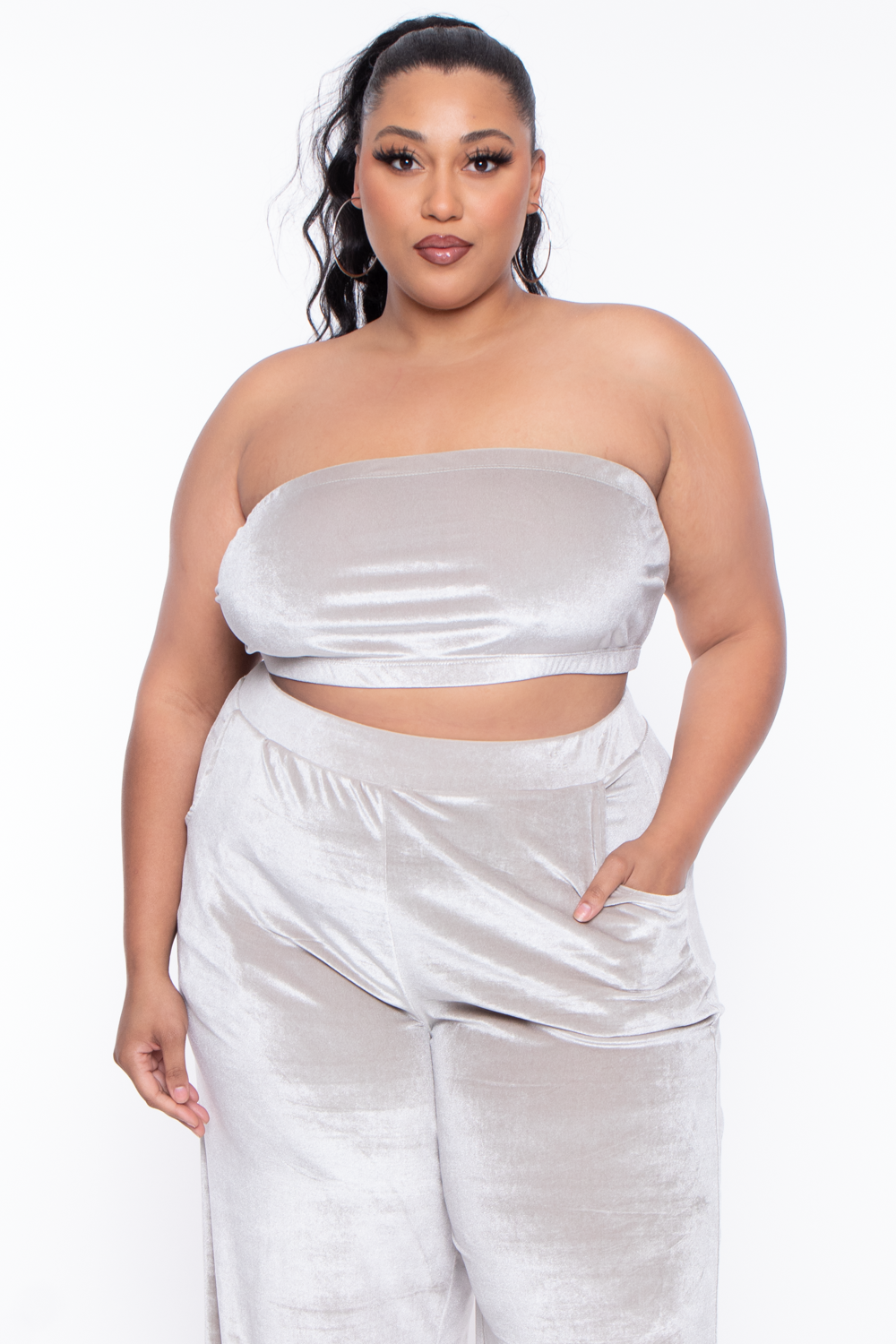 Plus Size Eloise Velour Bandeau & Pant Set - Stone - Curvy Sense