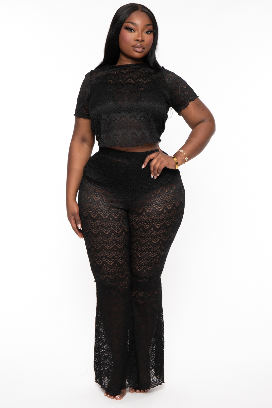 Curvy Sense Matching Sets 1X / Black Plus Size Keily Lace Top And Pant Set -Black