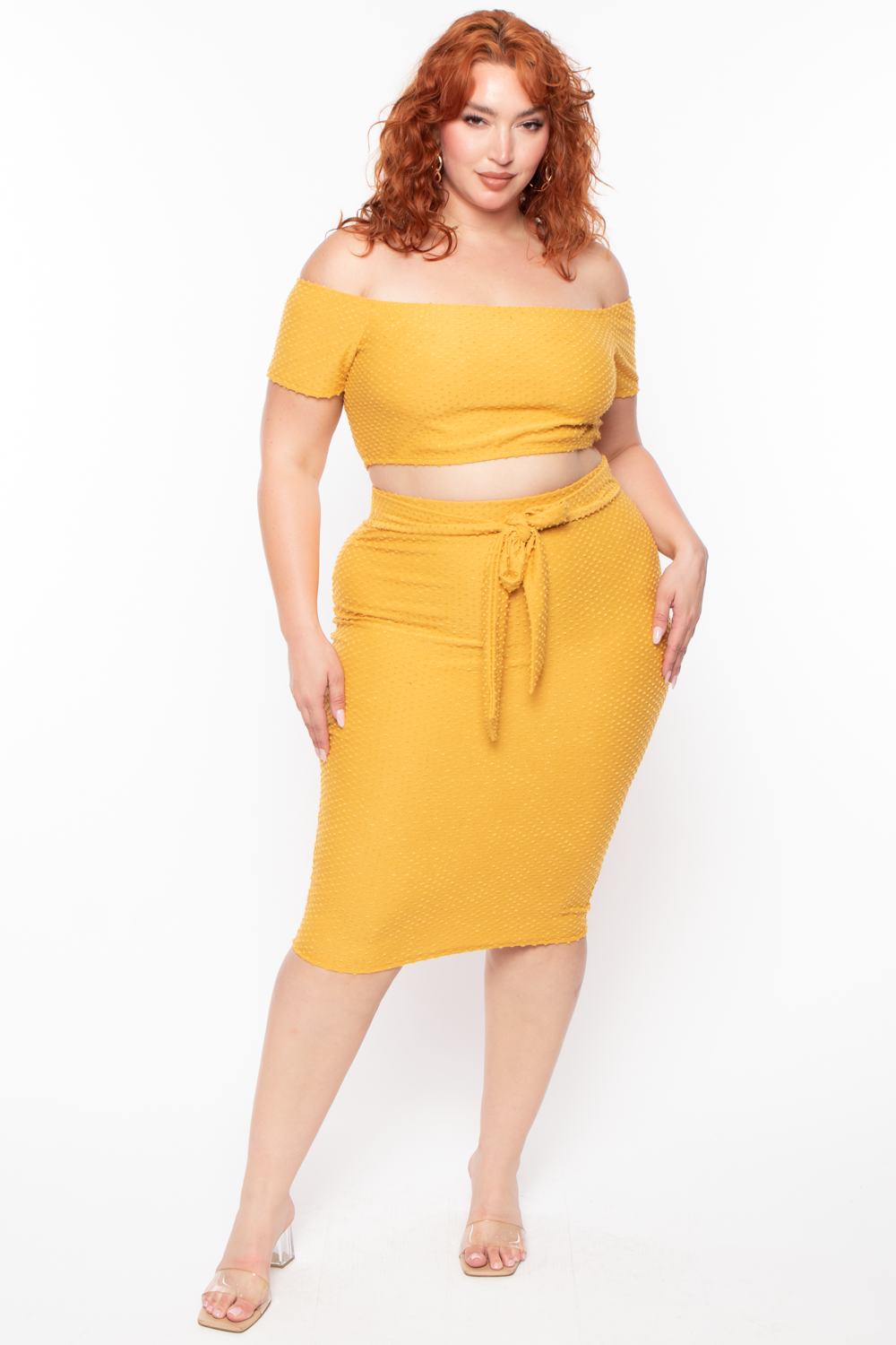 Plus Size Off The Shoulder Textured Matching Set - Mustard - Curvy Sense