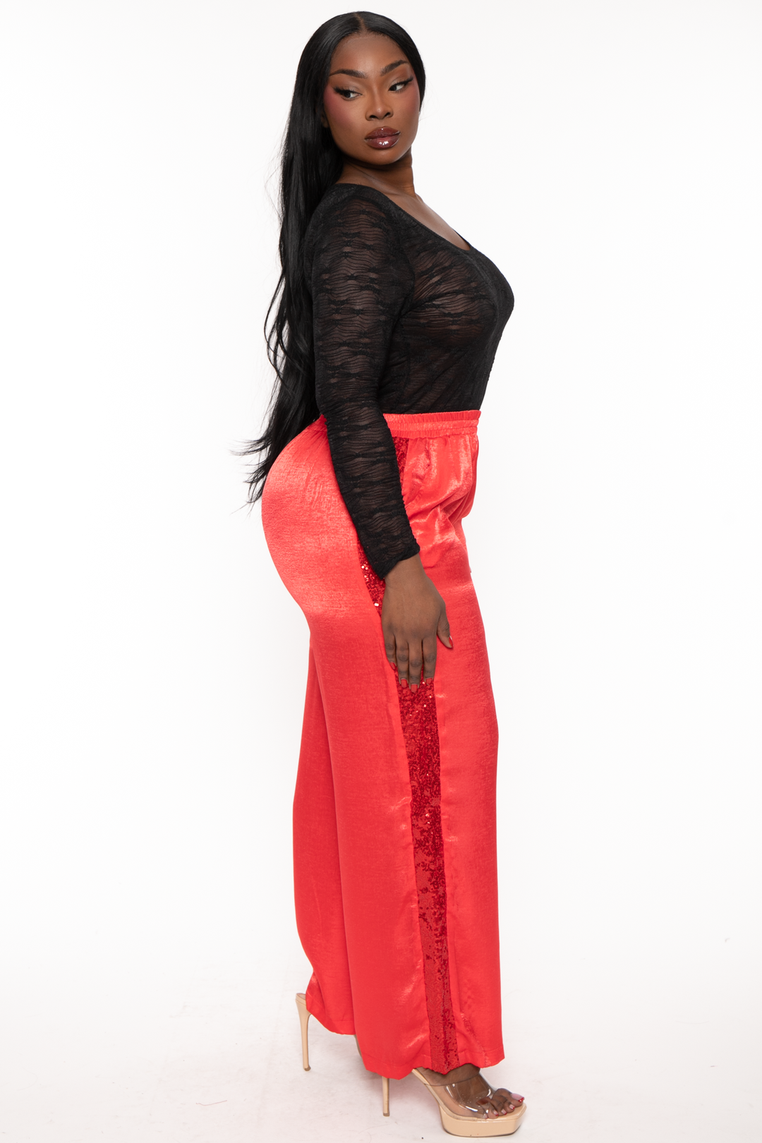 GEE GEE Pants XL / Red Plus Size  Silk Side  Sequins Pants- Red