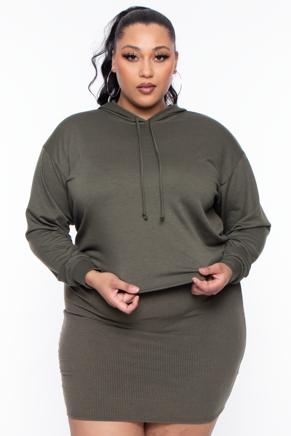 Plus Size  Alberta Cropped Hoodie - Olive - Curvy Sense