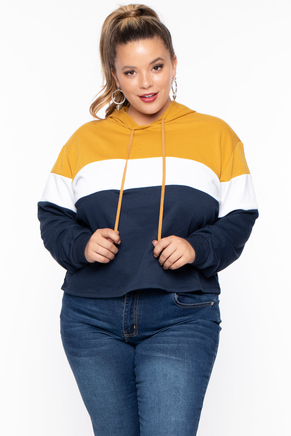 Plus Size Colorblock Knit Hoodie - Mustard - Curvy Sense