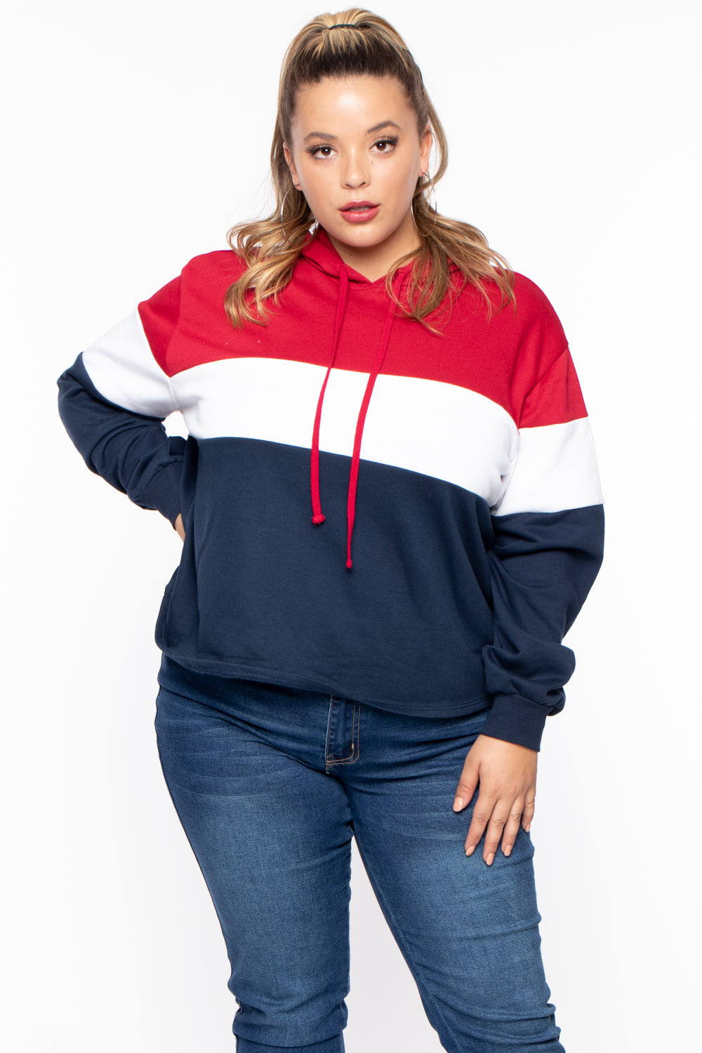 Plus Size Colorblock Knit Hoodie - Red - Curvy Sense