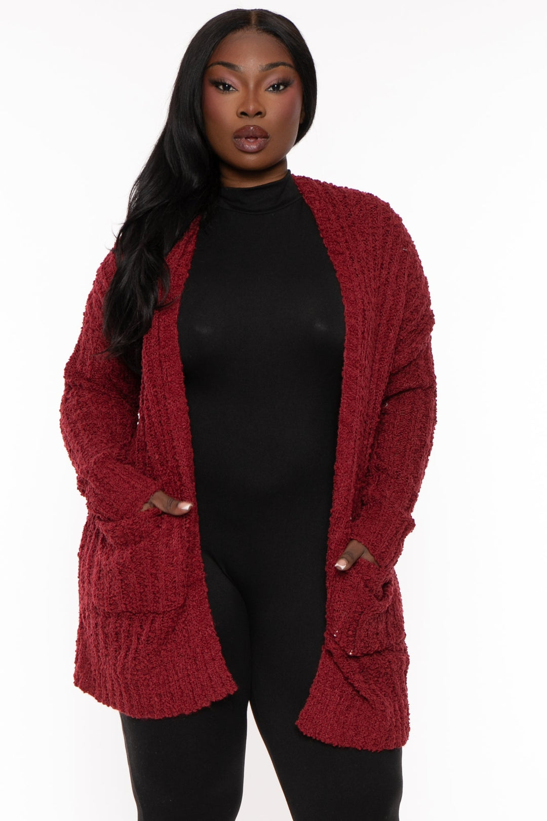 Sweet Generis Sweaters & Cardigans 1X/2X / Burgundy Plus Size Cozy Popcorn Cardigan - Burgundy