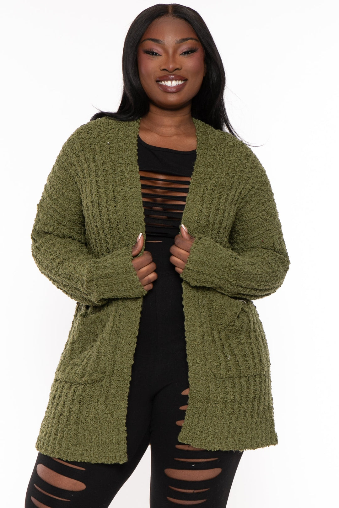 Sweet Generis Sweaters & Cardigans 1X/2X / Olive Plus Size Cozy Popcorn Cardigan - Olive