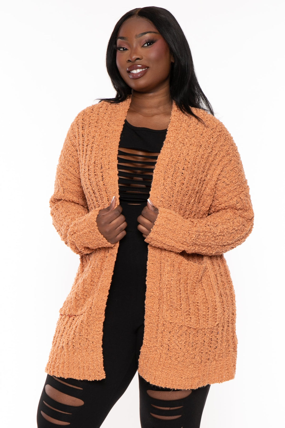 Sweet Generis Sweaters & Cardigans 1X/2X / Peach Plus Size Cozy Popcorn Cardigan - Peach