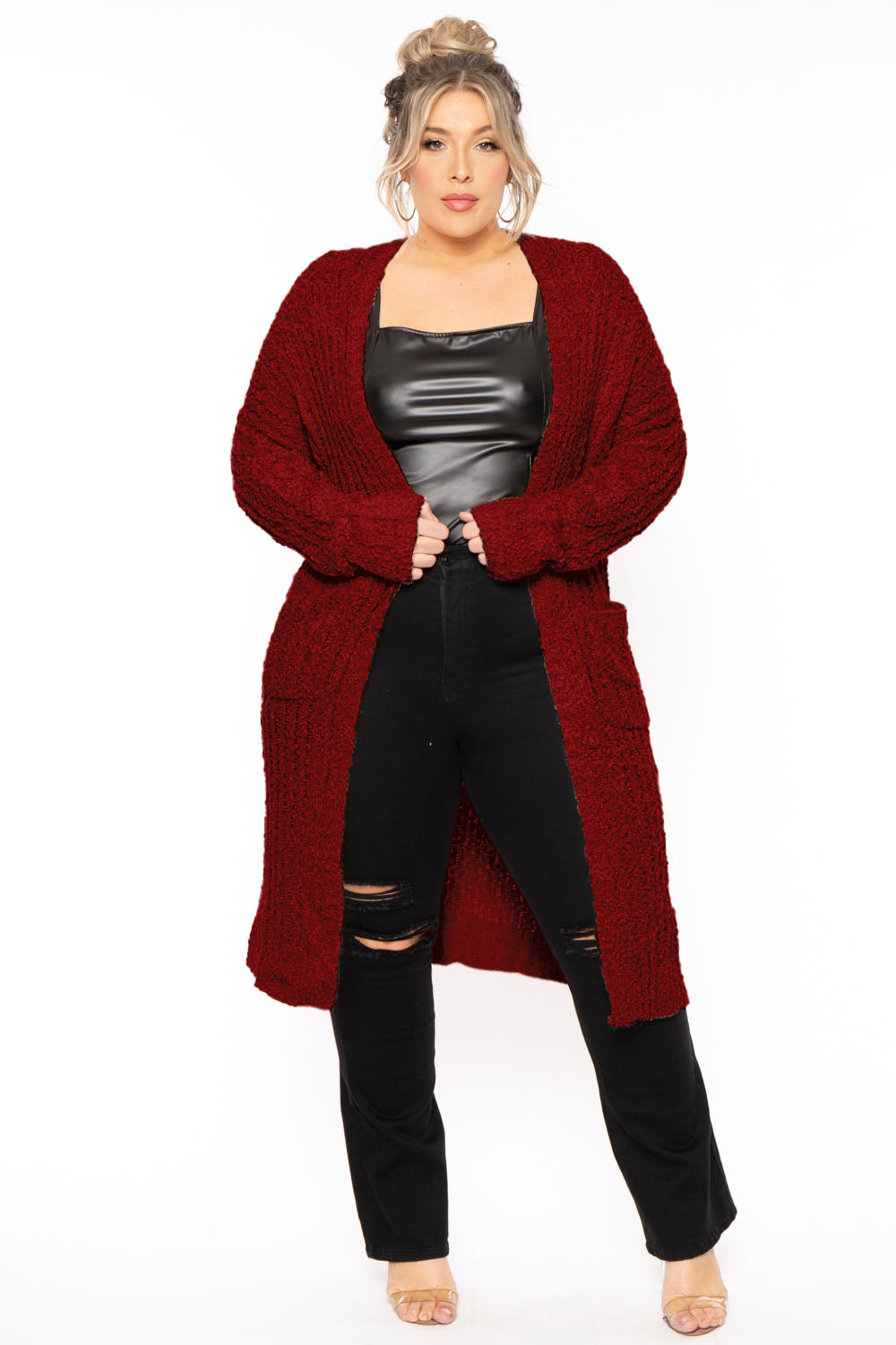 Sweet Generis Sweaters & Cardigans 1X/2X / Burgundy Plus Size Cozy Popcorn Duster Cardigan -Burgundy