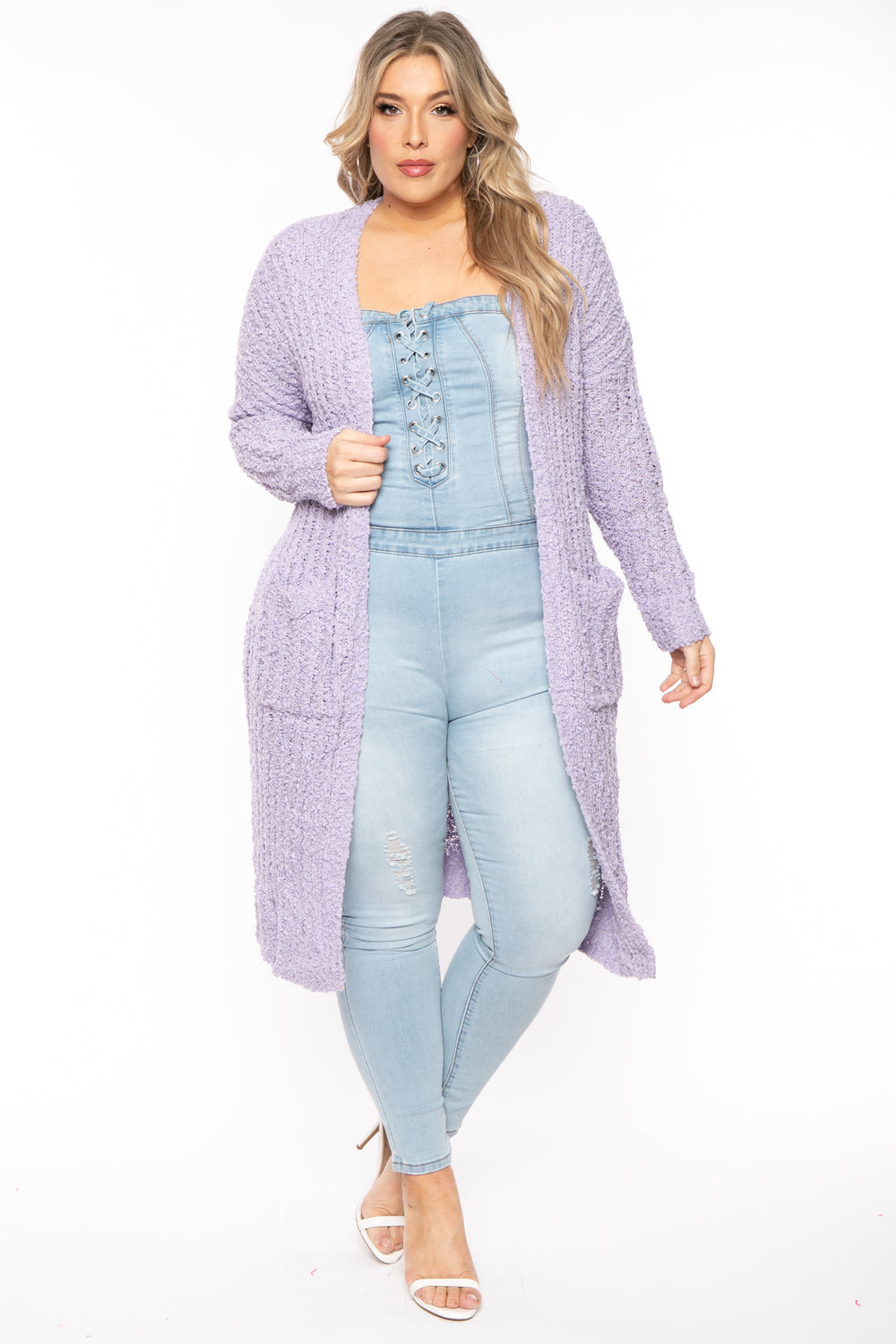 Sweet Generis Sweaters & Cardigans 1X/2X / Lavender Plus Size Cozy Popcorn Duster Cardigan -Lavender