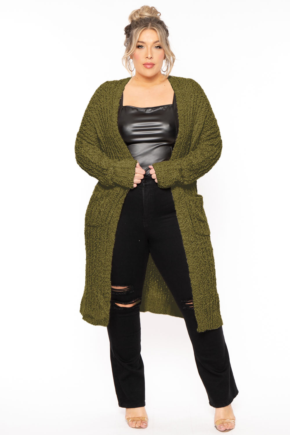 Sweet Generis Sweaters & Cardigans 1X/2X / Olive Plus Size Cozy Popcorn Duster Cardigan -Olive