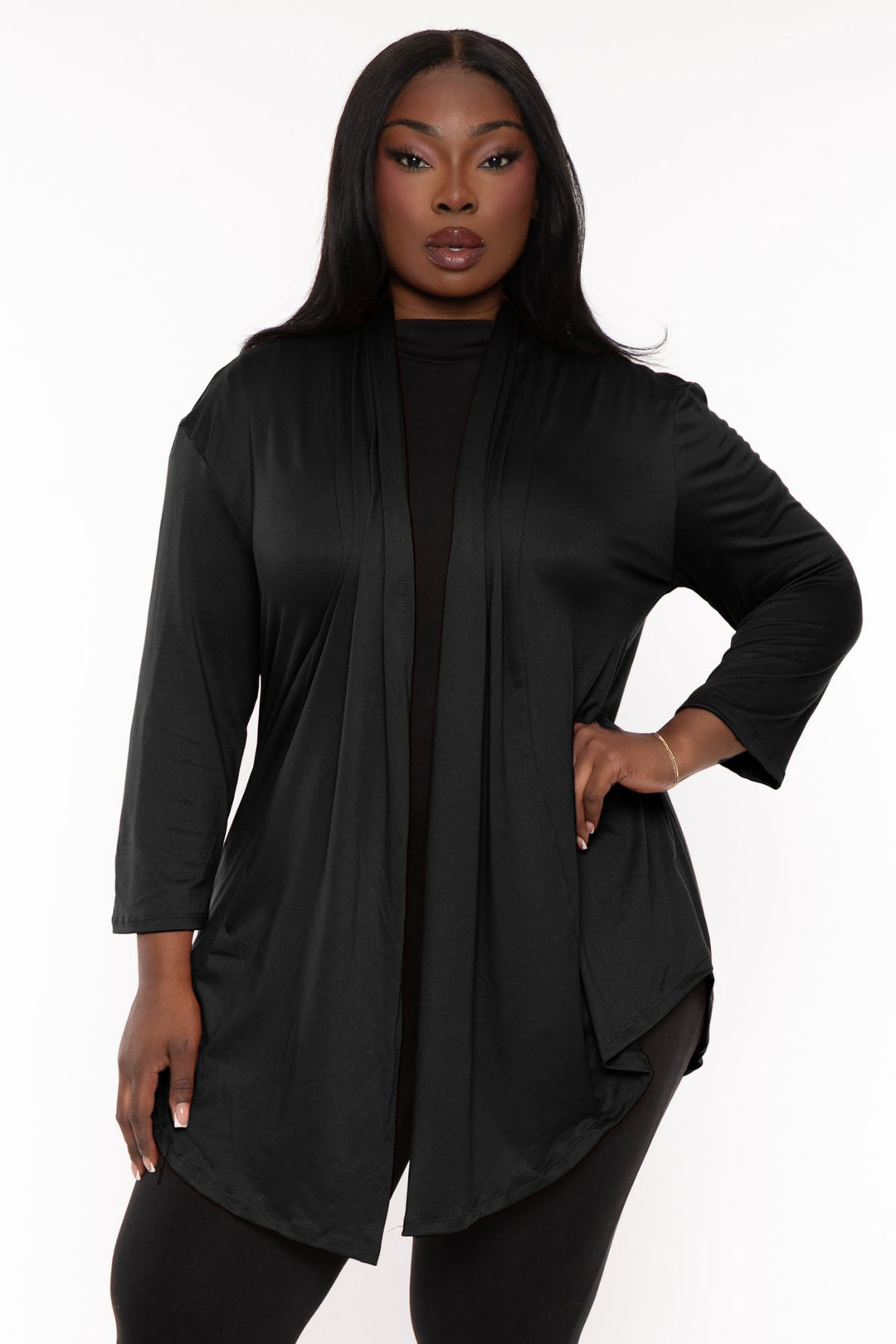 Ambiance Sweaters & Cardigans Plus Size Gayle Drape  Cardigan -Black