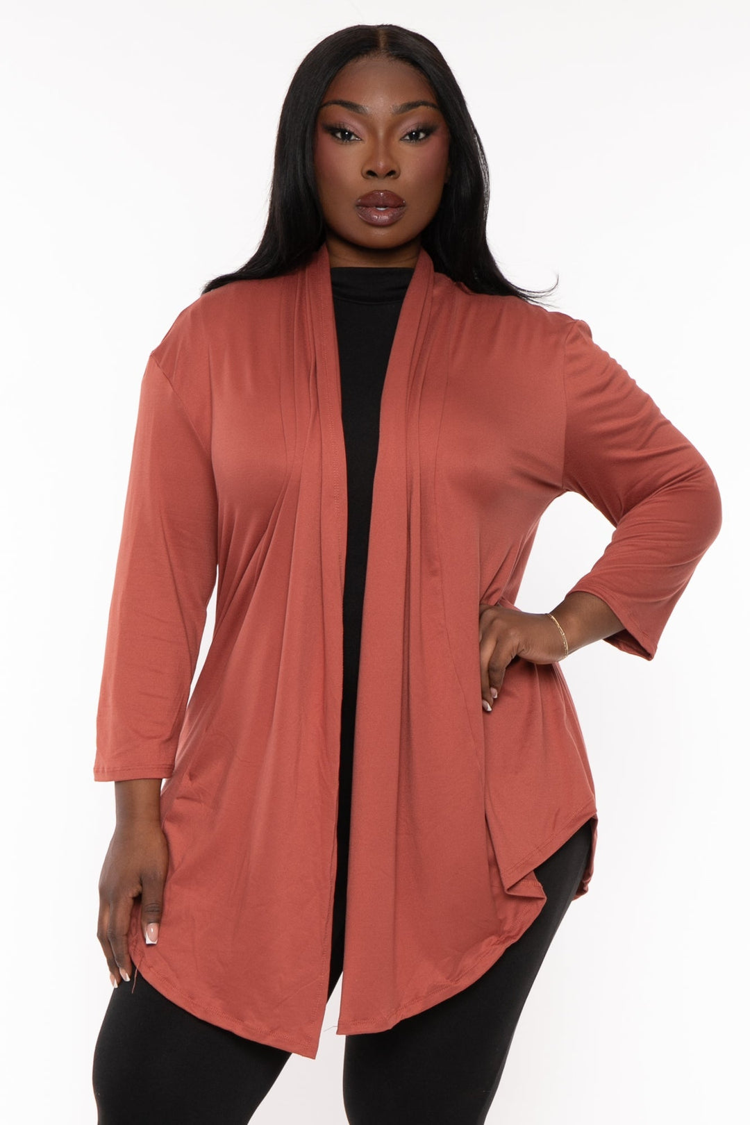 Ambiance Sweaters & Cardigans 1X / Brick Plus Size Gayle Drape  Cardigan - Brick