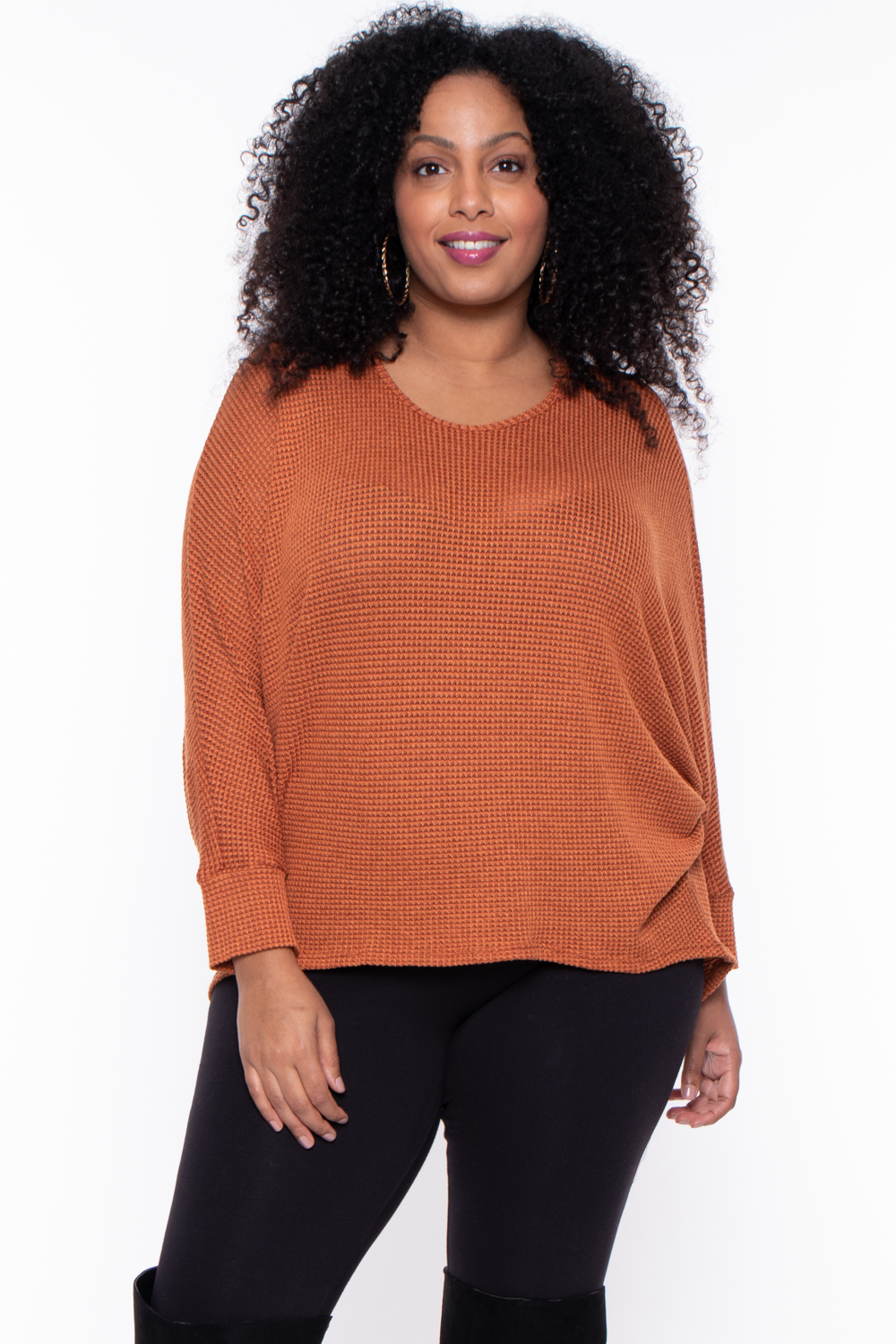 Plus Size Hi-Low Draped Knit Top - Rust - Curvy Sense