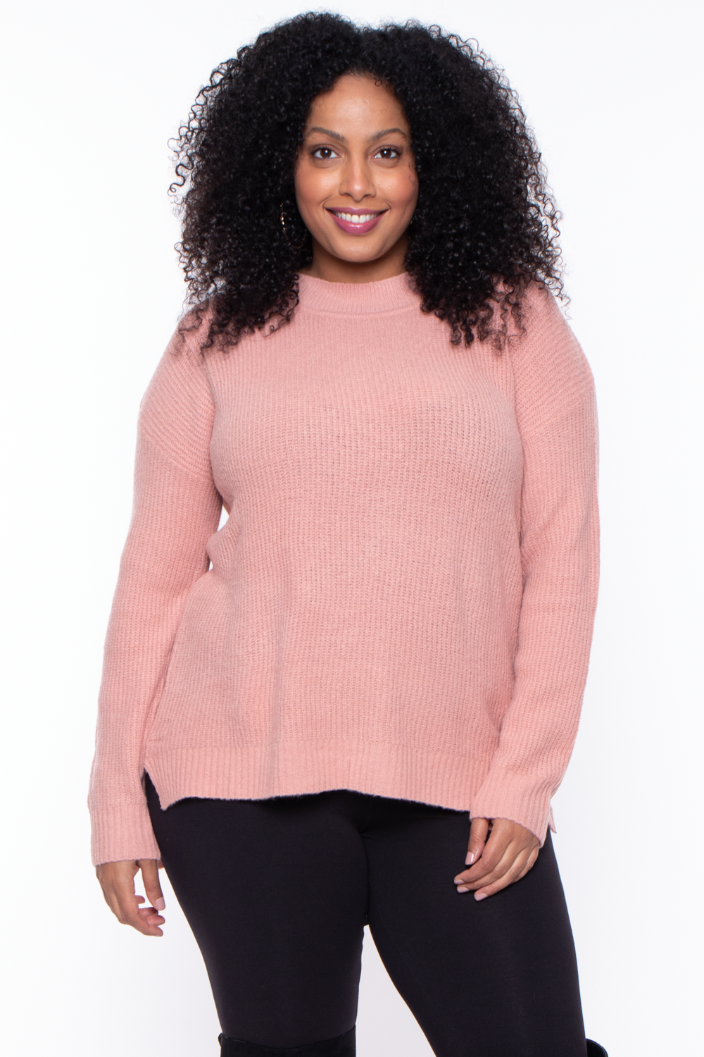 Plus Size High Neck Knitted Sweater - Mauve - Curvy Sense