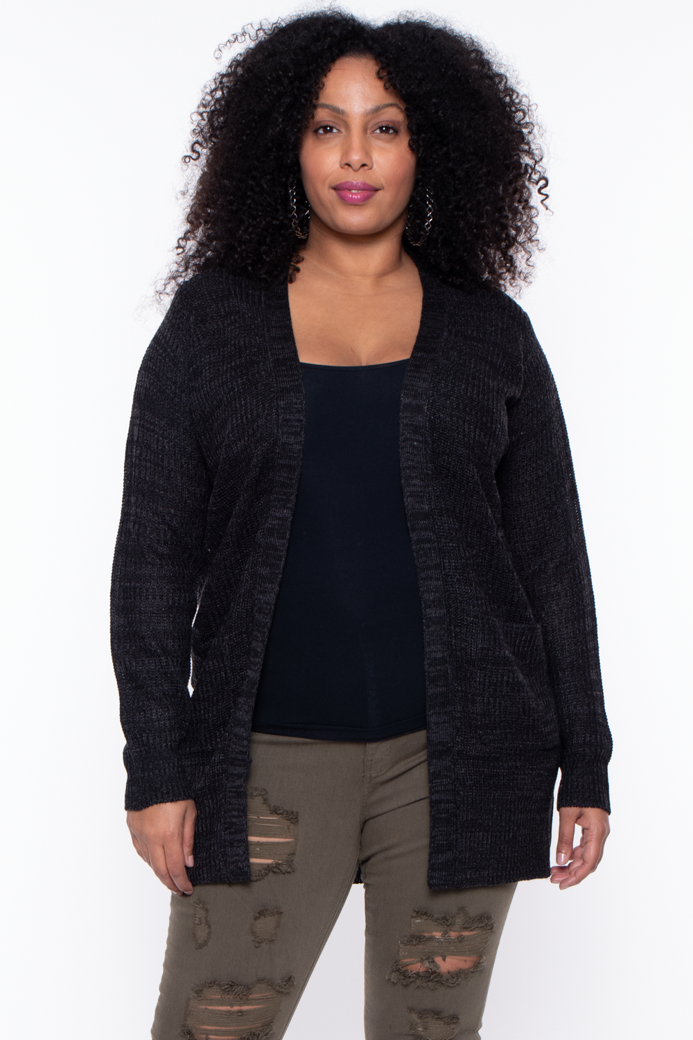 Plus Size Open Front Knit Sweater - Charcoal - Curvy Sense