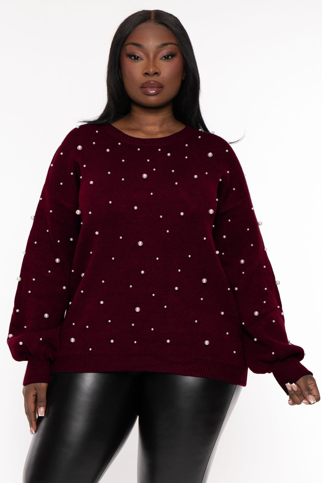 143 Sweaters & Cardigans 1X / Wine Plus Size Pearl Sprinkles  Sweater - Wine