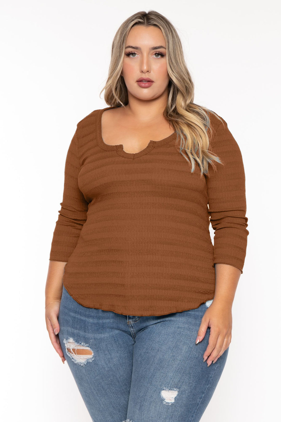 CULTURE CODE Tops 1X / Brown Plus Size Agnes Notch Scoop Neck Top -Brown