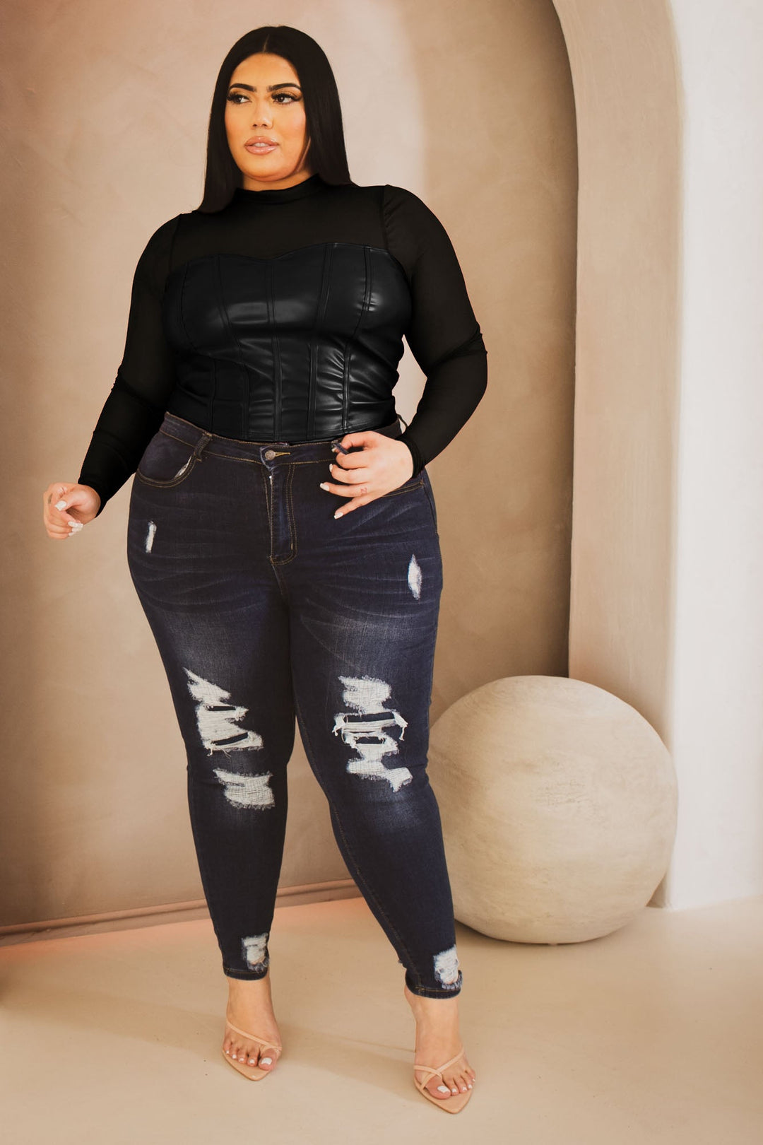 Curvy Sense Tops Plus Size Alani Faux Leather  Top- Black