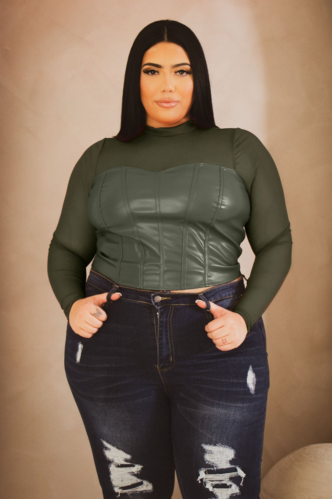 Curvy Sense Tops 1X / Olive Plus Size Alani Faux Leather  Top- Olive