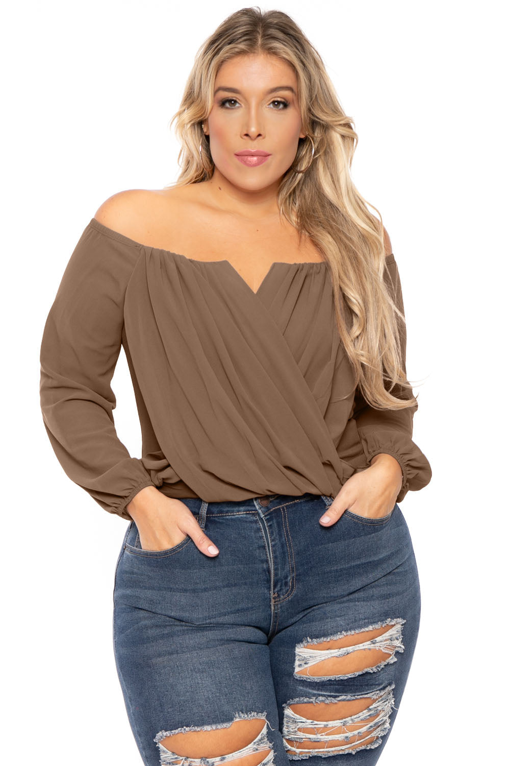 Bluebell Tops Plus Size Aryana Cross Over Top - Mocha