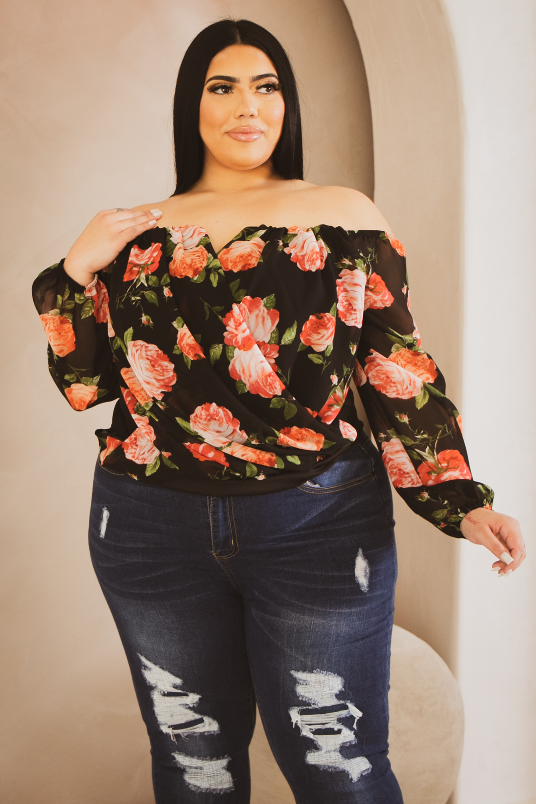 Curvy Sense Tops 1X / Black Plus Size Aryana Printed Cross Over Top - Black