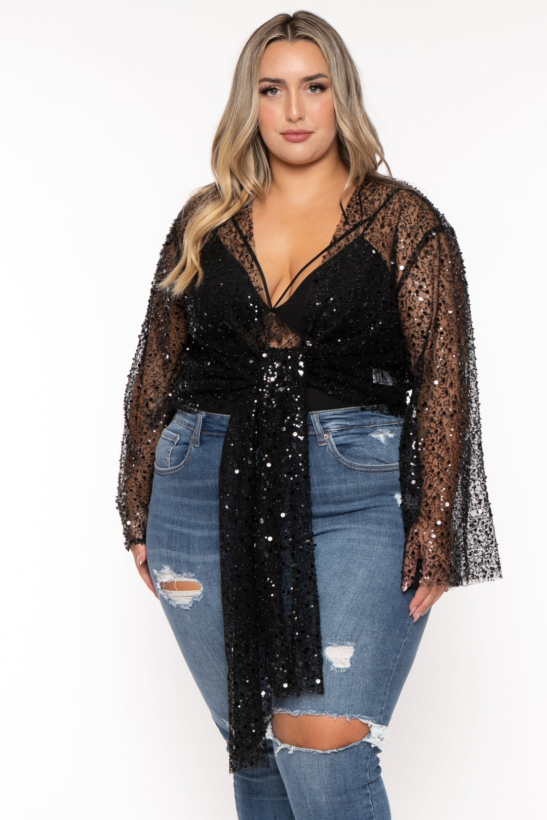 GEE GEE Tops 1X / Black Plus Size Carolann Sequin Beaded  Top - Black