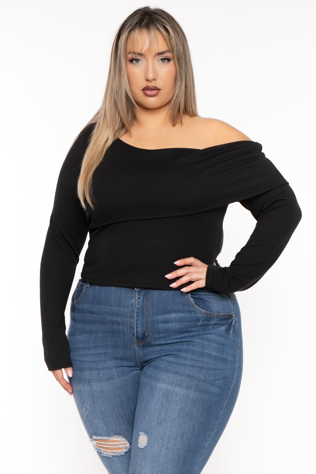 Curvy Sense Tops 1X / Black Plus Size Cerise One Shoulder Top- Black