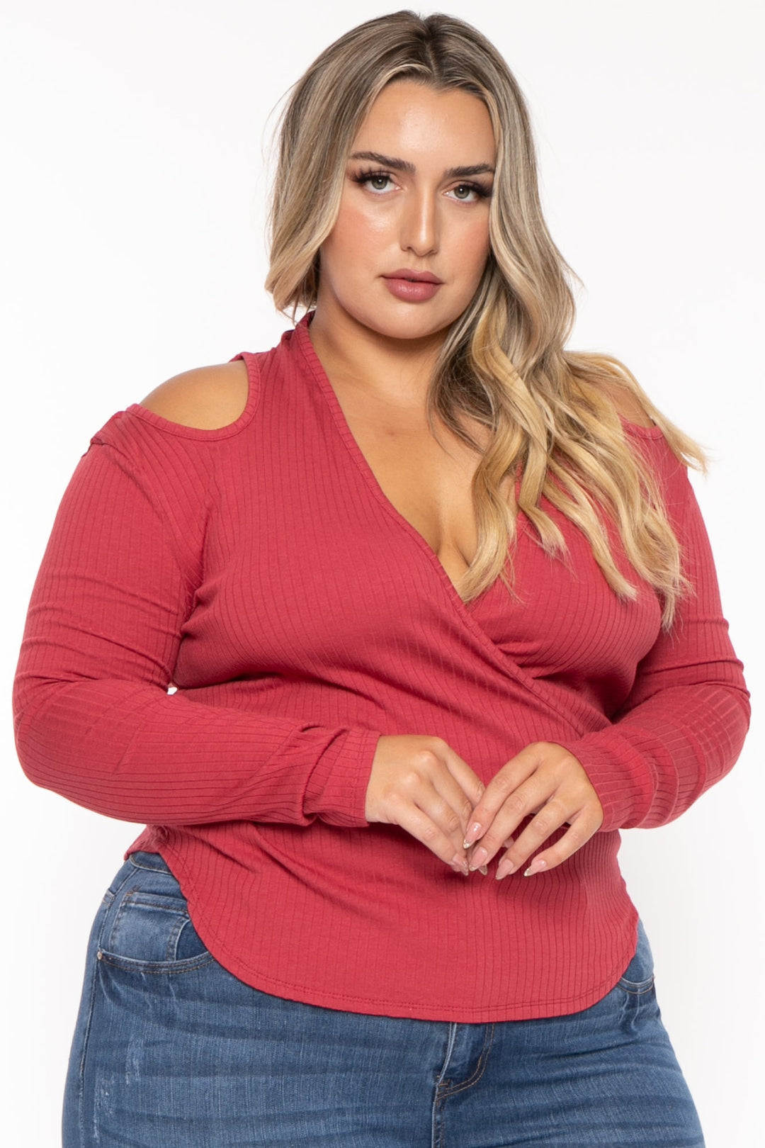 CULTURE CODE Tops 1X / Berry Plus Size Halter  Cold Shoulder Top- Berry