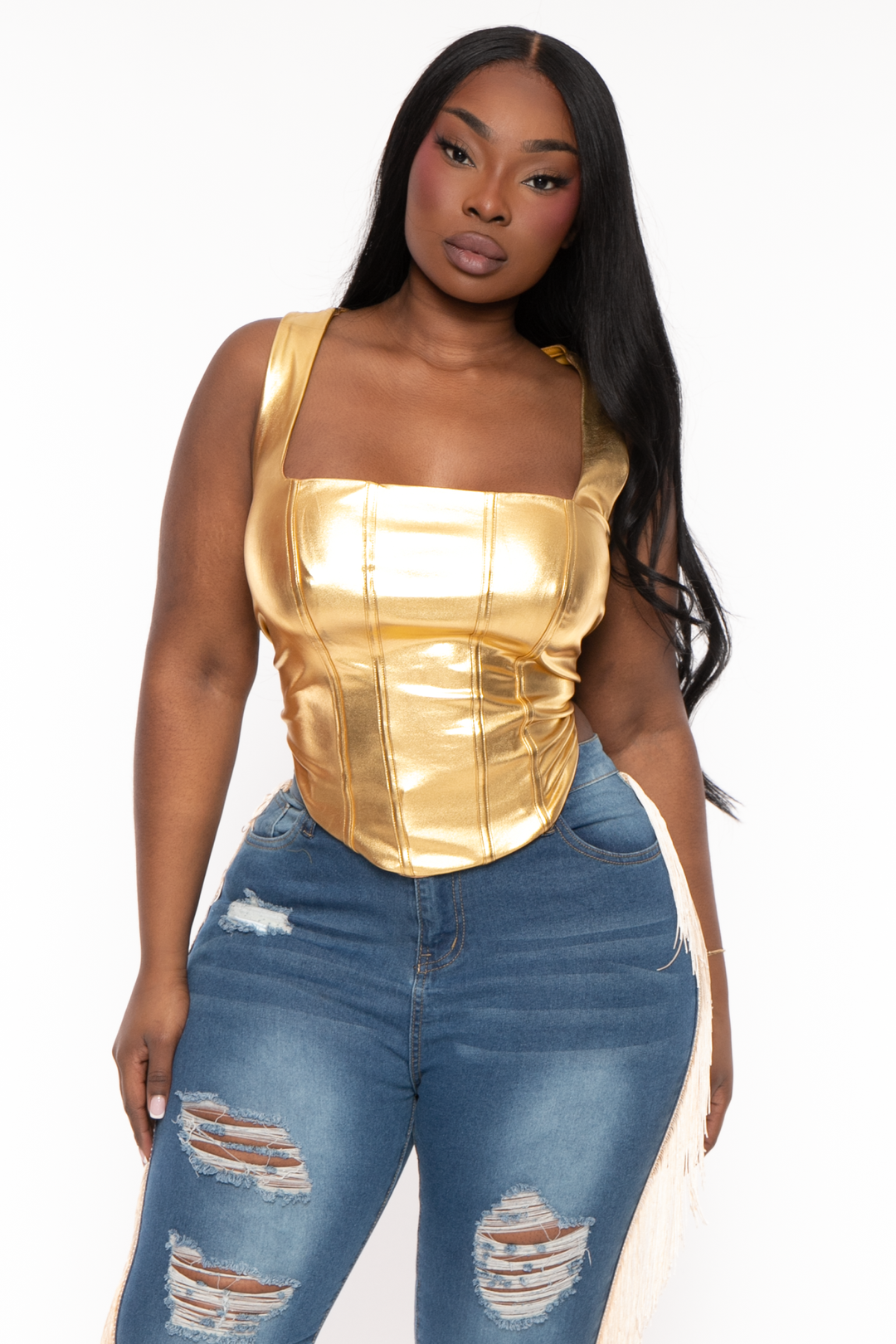 Curvy Sense Tops 1X / Gold Plus Size Henna Metallic Corset   Top - Gold