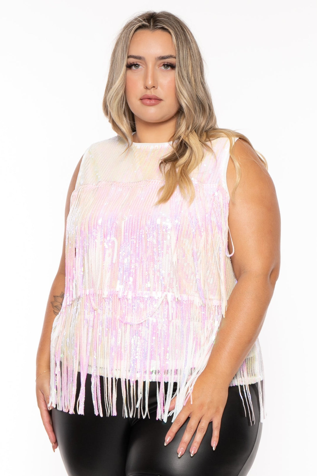 Davi & Dani Tops 1X / White Plus Size Lasha Sequin Fringe  Top - White