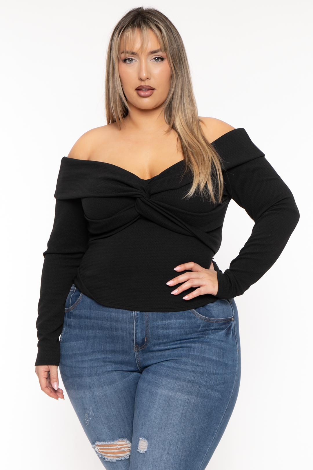 Curvy Sense Tops Plus Size Lesleyanne Off The Shoulder Top- Black