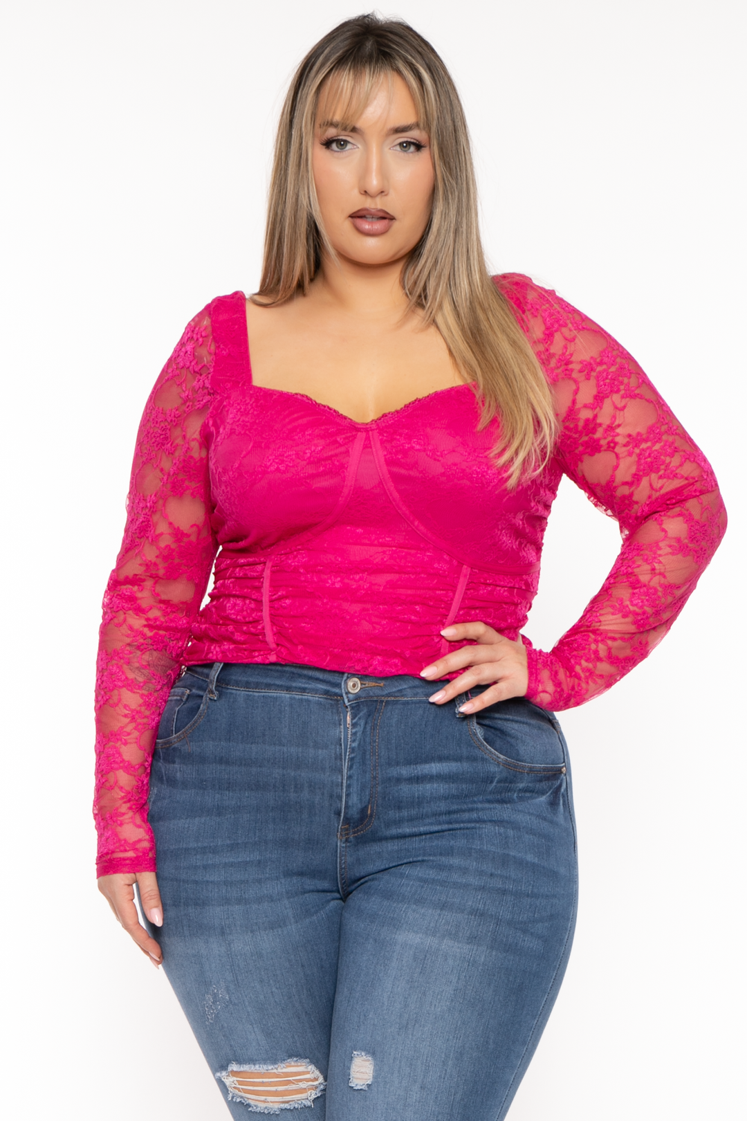 Curvy Sense Tops Plus Size Loxley Lace  Top - Fuchsia