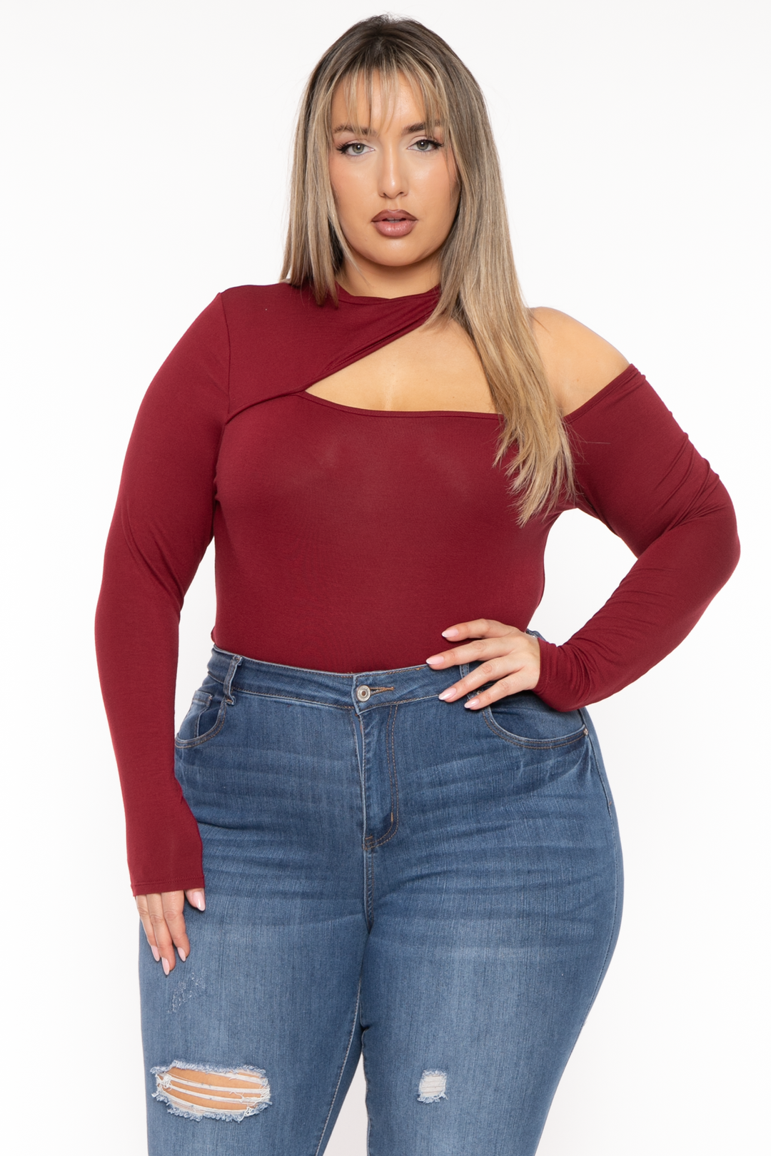 Curvy Sense Tops 1X / Burgundy Plus Size Mila Asymmetric Bodysuit - Burgundy