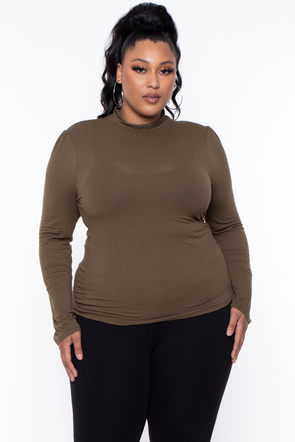 Plus Size Mock Neck Long Sleeve Top - Olive - Curvy Sense