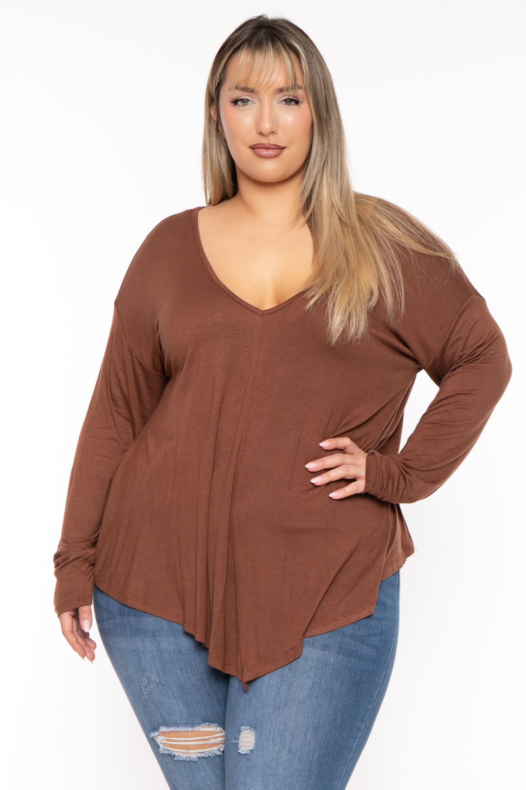 CULTURE CODE Tops 1X / Brown Plus Size Nelva Double V-Neck Top - Brown