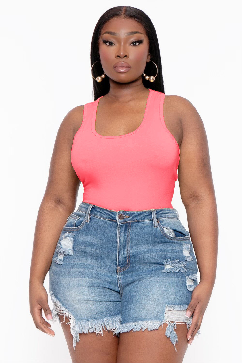 Zenana Tops Plus Size Racerback Tank Bodysuit - Neon Coral