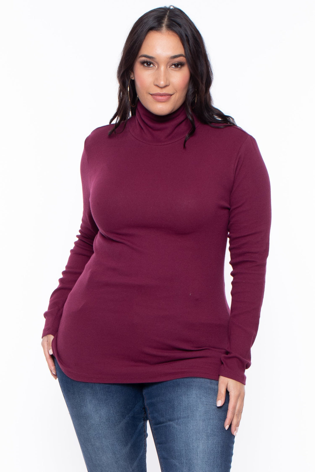 Ambiance Tops Plus Size Ribbed Turtleneck Top - Burgundy