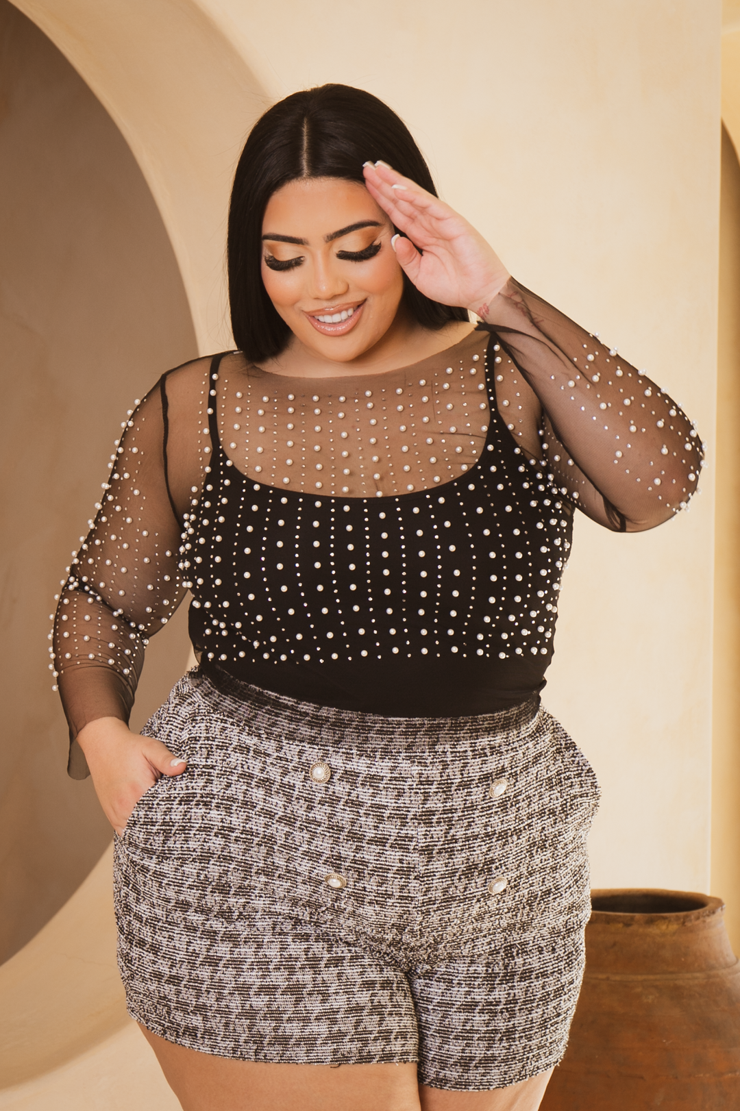 CHICCTHY TOP Tops Plus Size Sprinkle of Pearls  Top  - Black