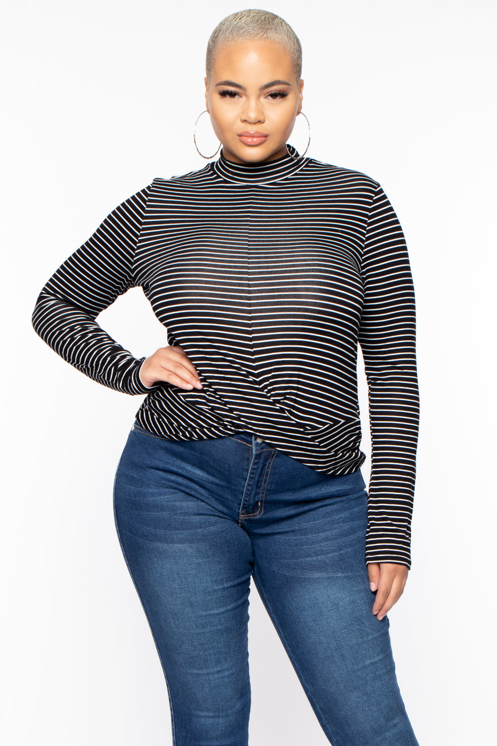 Plus Size Striped Twist-Hem Mock Neck Top - Black - Curvy Sense